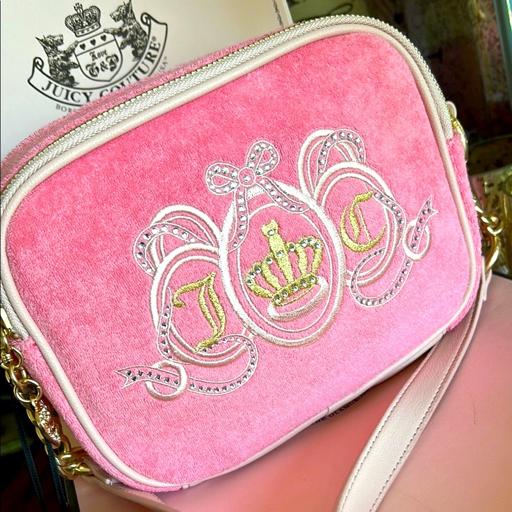 New! Juicy Couture Juicy Lovers Club crossbody bag in Pink w/sparkling crystals - Picture 2 of 15